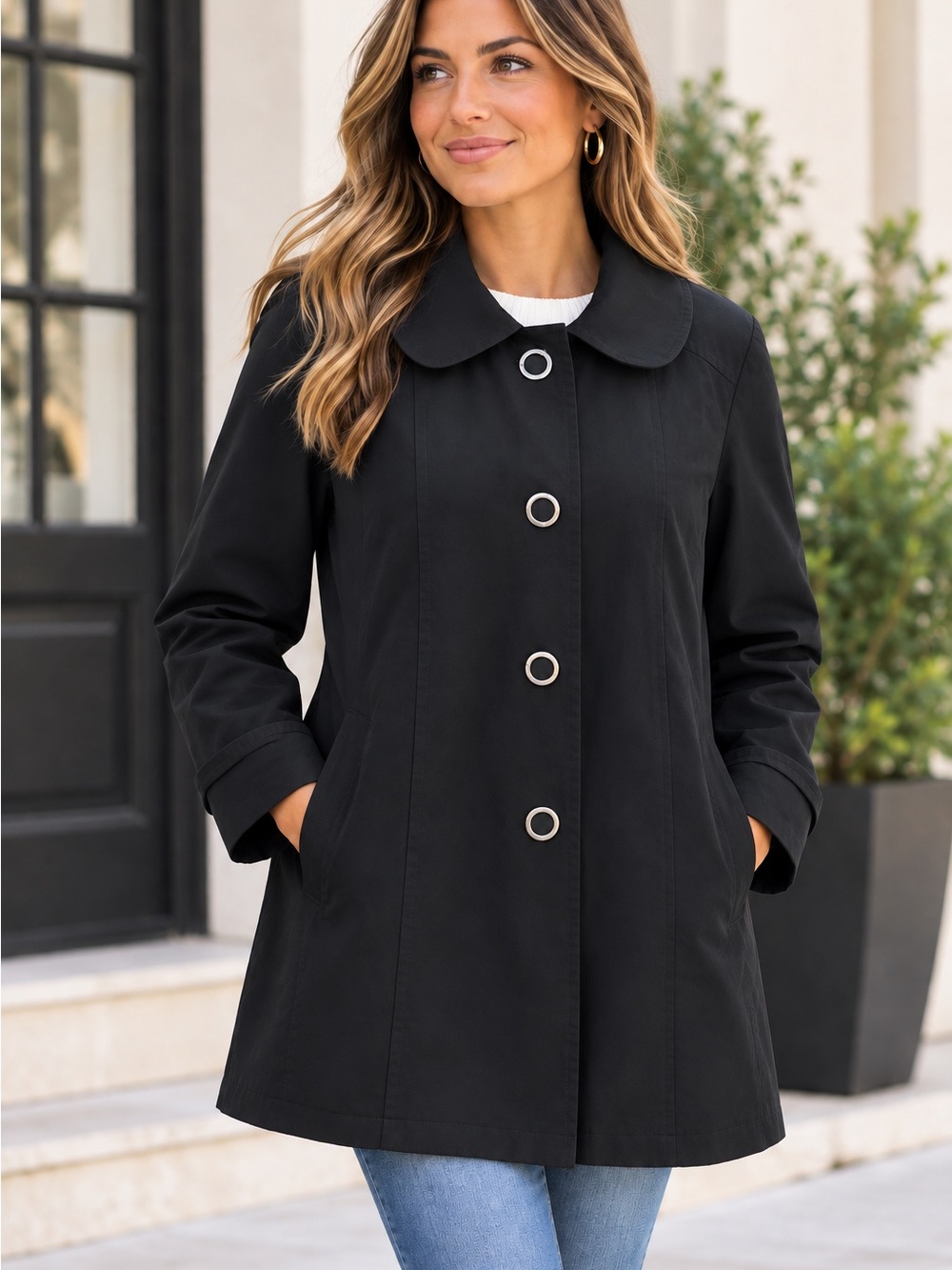 Women's Black Classic Single-Breasted Trench Coat with Ring Buttons